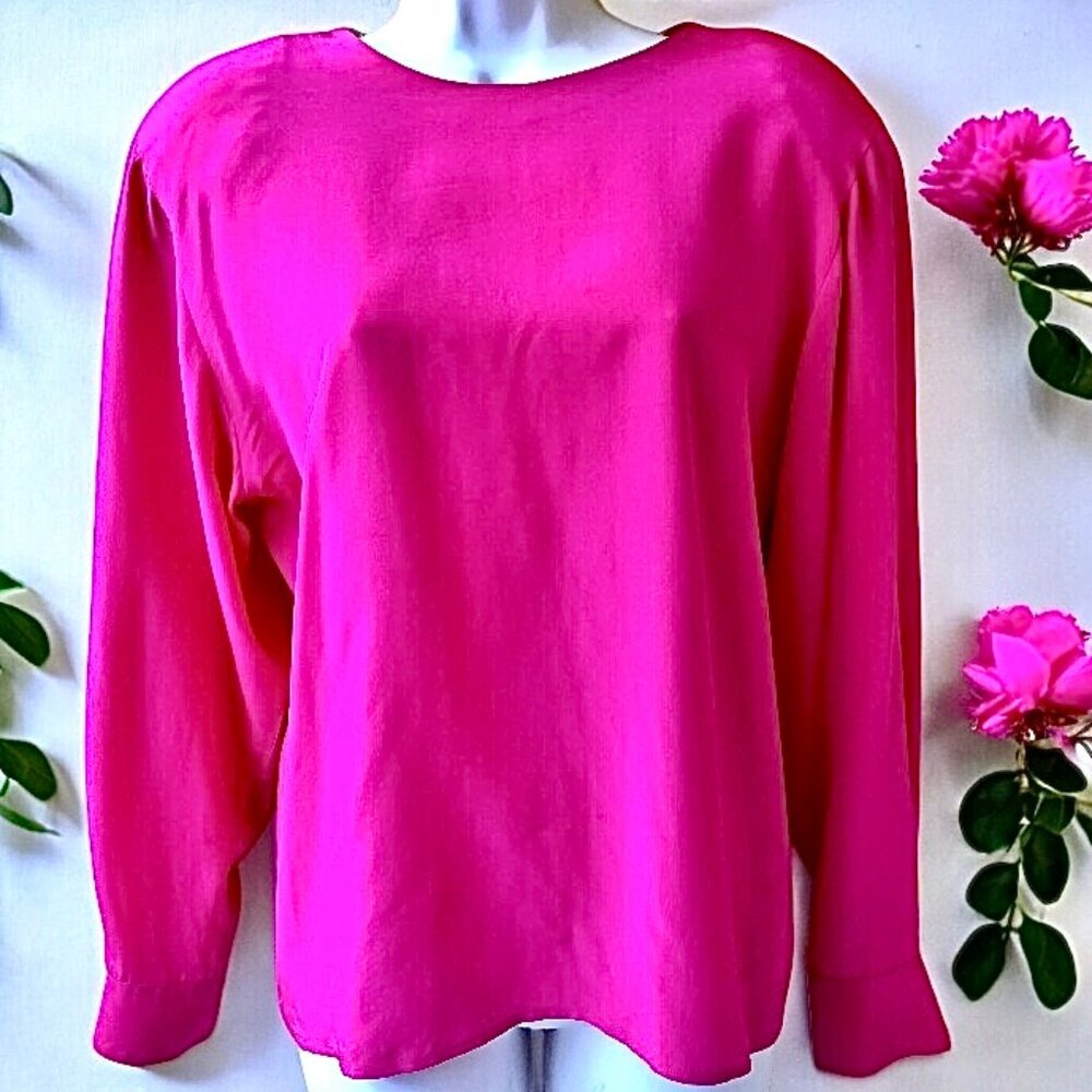Vintage Anne Klein II SILK HONG KONG Long Sleeve Blouse Pink
